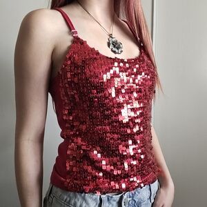 One Heart Y2K Silk Red sequin tank top with adjustable straps and bling detail